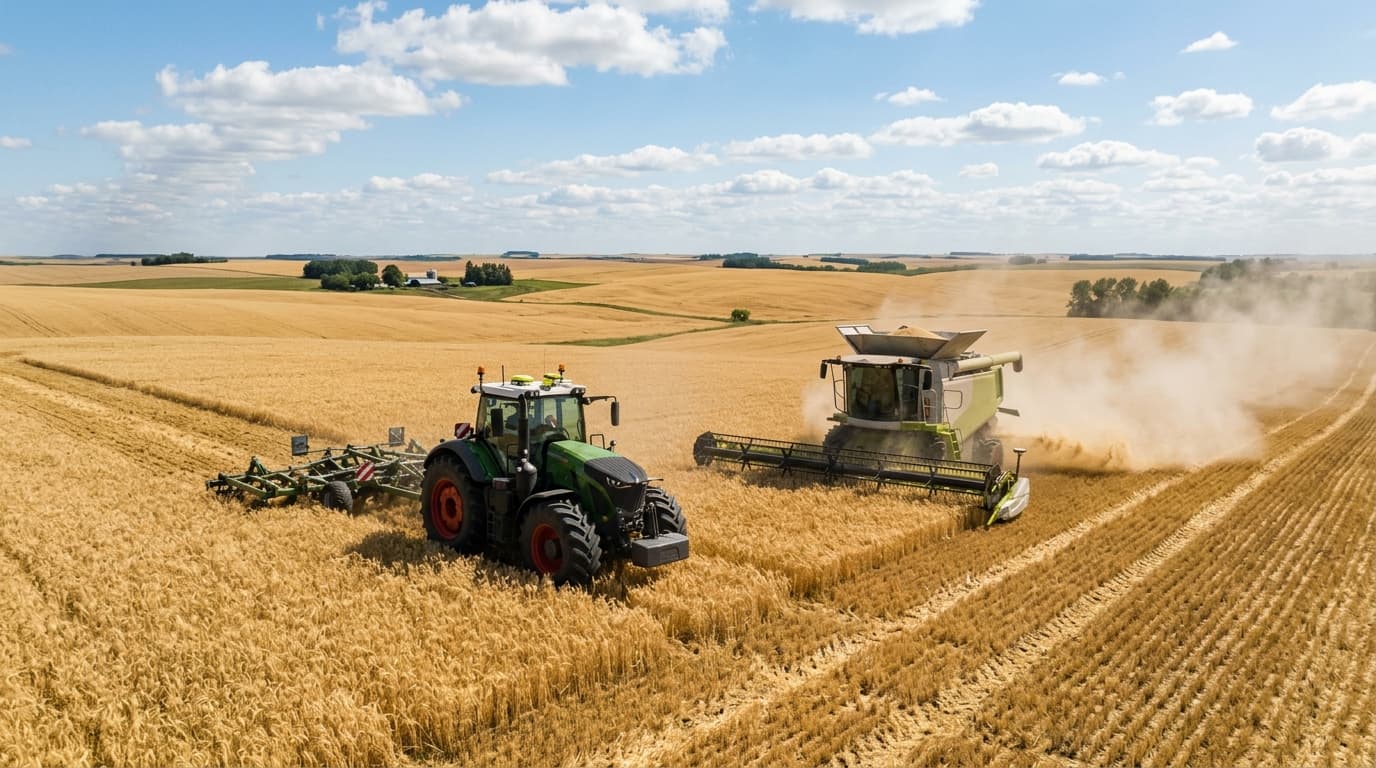 Heavy agricultural combine machinery operating in broad precision agricultural fields