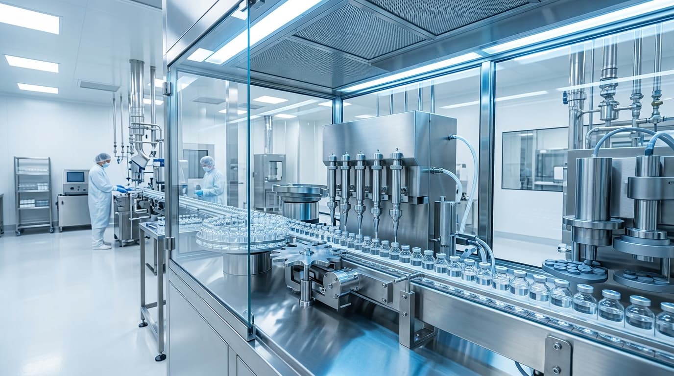 Pharmaceutical cleanroom automated manufacturing line and laboratory vials
